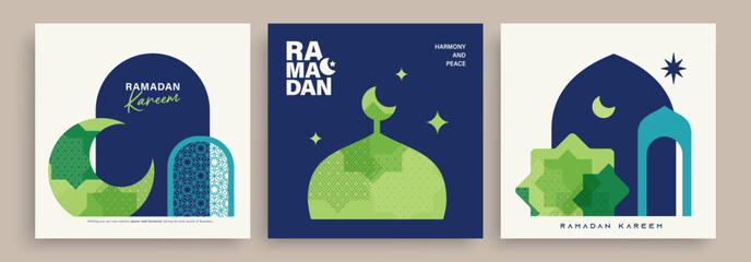 Set of Ramadan Kareem banner, poster, greeting card, cover design with mosque, crescent moon and typography in flat geometric style.   © LittleWhale
