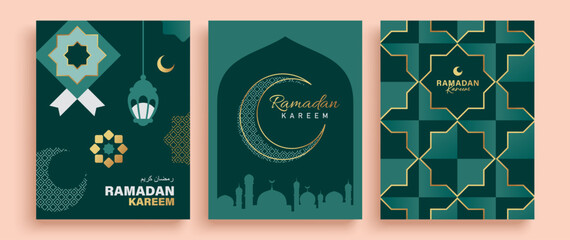 Set of Ramadan Kareem banner, poster, greeting card, cover design with mosque, crescent moon, lantern and typography in flat geometric style.   © LittleWhale