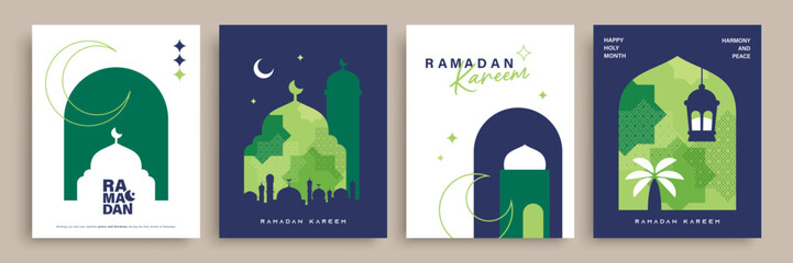 Set of Ramadan Kareem banner, poster, greeting card, cover design with mosque, crescent moon, lantern and typography in flat geometric style.   © LittleWhale