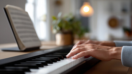 Obraz premium Person playing piano keyboard with sheet music, practicing a song at home, learning an instrument for hobby and relaxation, copy space