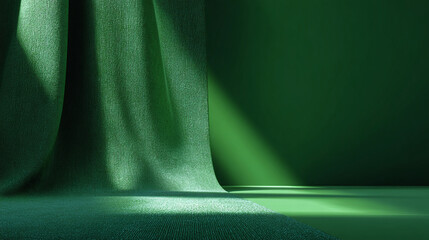 An empty stage illuminated by a shaft of light, with draped fabric and an emerald backdrop