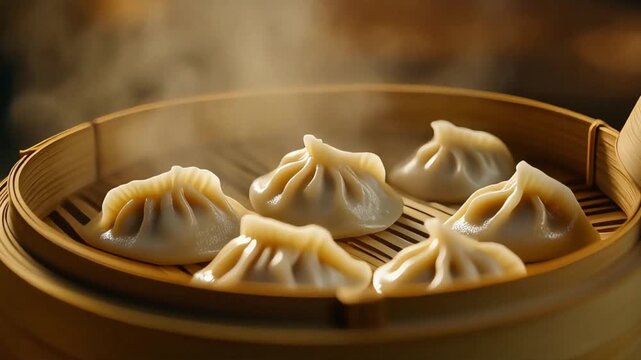 Steaming dumplings inside a bamboo basket with warm golden lighting soft drifting steam and a gentle camera glide capturing every pleat and texture with a premium handcrafted mood