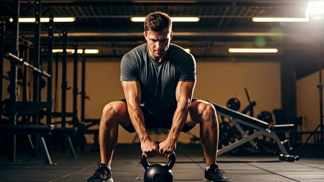 performing a kettlebell swing in a gym setting