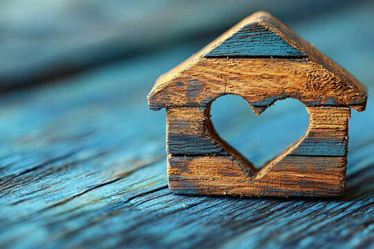 Rustic miniature wooden house with a heart cutout stands on weathered blue wooden planks, symbolizing home, love, comfort, and warmth in a cozy rustic style.