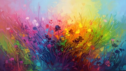 Vibrant abstract floral landscape with colorful sunset background