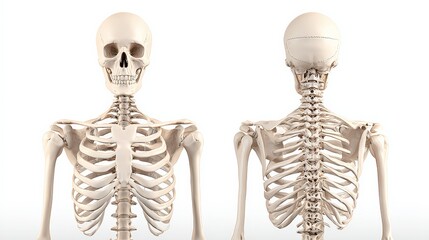 A detailed anatomical model of a human skeleton, showing both front and back views, emphasizing its structure and features.