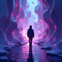 Man Walking Through Surreal Abstract Glowing Ice Cave with Neon Pink and Blue Lighting, Generated AI