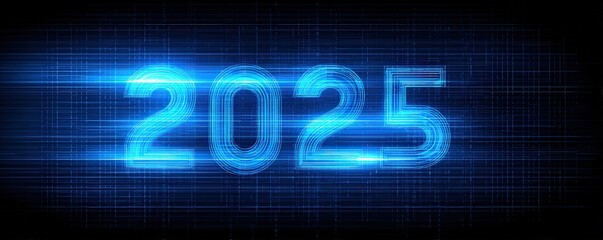 A futuristic representation of the year 2025, depicted in bright blue digital numbers against a sleek, technology-inspired background.