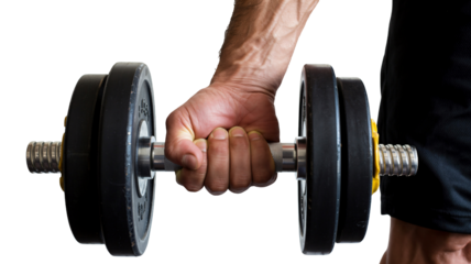 Close up of a muscular hand gripping a dumbbell with heavy black weights on both ends for strength training and exercise