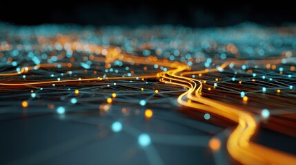 A vibrant, abstract representation of interconnected nodes and flowing lines, suggesting a dynamic digital network or data visualization.