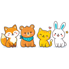 Cute cartoon animals set with fox, bear, cat, bunny in kawaii style, sweet smiling characters vector illustration isolated on white background, perfect for kids design, nursery decor, prints, sticker.