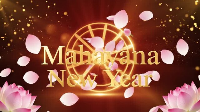 Mahayana New Year Banner with Dharma Wheel and Floating Lotus Petals on Tranquil Red-Gold Background