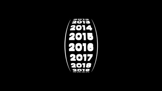 Vertical years counter scrolling smoothly to the year 2025 animation isolated on black background
