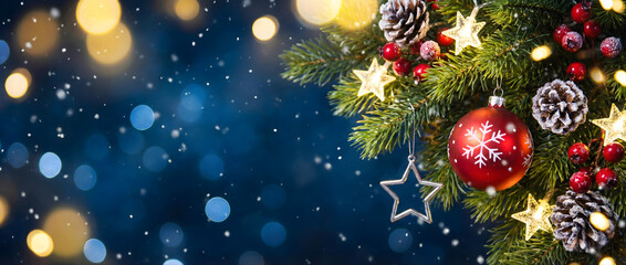 Decorated Christmas tree branches with red ornaments and pine cones against a blue snowy background 01