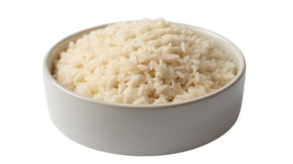 A white bowl filled with a generous serving of cooked white rice on a plain background