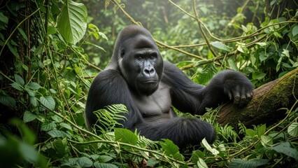 Naklejka premium Majestic Silverback Gorilla Resting Amidst Lush Green Jungle Foliage.