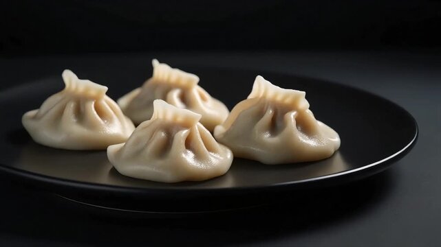 Film dumplings arranged on a clean black plate with minimalistic composition soft side light