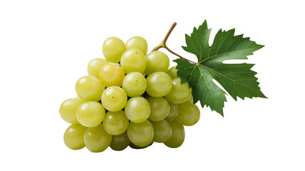 Obraz premium A vibrant cluster of green grapes with a leaf on a white background, perfect for healthy eating and nutrition concepts