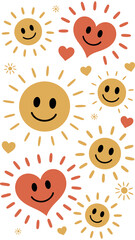 Sunshine and Smiles: A cheerful composition of smiling suns and heart-shaped figures exuding positivity and warmth. 