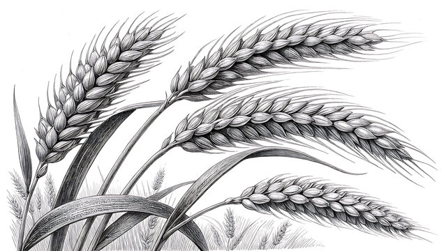 An detailed black and white wheat vector illustration, botanical line art of wheat stalks and leaves vintage engraving style on white background.