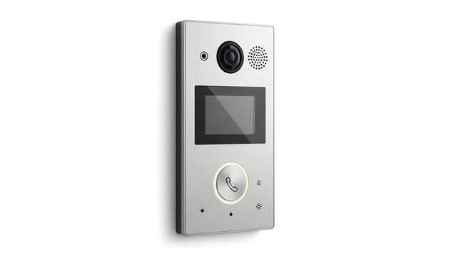 Modern silver electronic doorbell with camera and screen isolated on white background