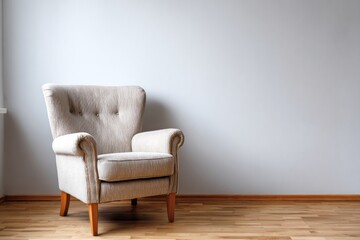 Single upholstered armchair sits centered against a plain interior wall above wooden flooring