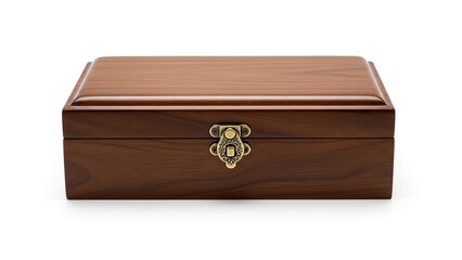 Closed wooden jewelry box with gold clasp isolated on white background