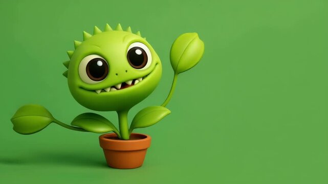 Cute Cartoon Dancing Venus Flytrap in a Pot with Space for Copy