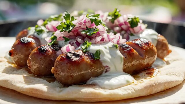 Serving Grilled Sausages With Pita Bread, White Sauce, Red Onions and Parsley