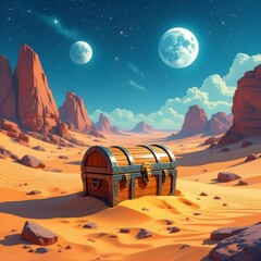 Fantasy Desert Landscape with Twin Moons and Buried Treasure Chest Under Starry Sky, Generated AI