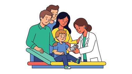 Medical Consultation: A comforting illustration of a family seeking medical attention, a doctor tenderly examines a child's injury in a supportive environment. 