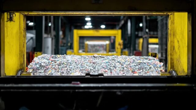 Medium shot of a hydraulic plastic waste compactor in operation showcasing powerful compression reducing volume for efficient transport and recycling.