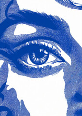 Beautiful woman&rsquo;s eyes rolling out, close up, minimalisam in style of matisse, blue and white colors