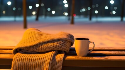 雪のベンチとマフラー・マグカップ