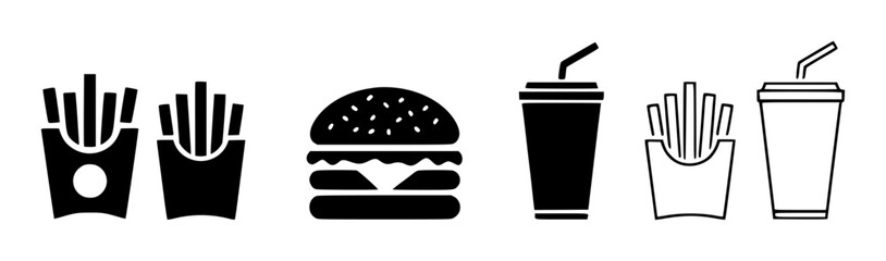 Black and white fast food set with fries burger and drinks isolated fastfood soda