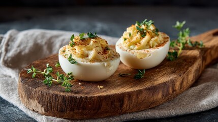 Stuffed halved boiled eggs filled with cheese and served on a wooden plate, presenting a simple savory dish suitable for snacks or appetizers.