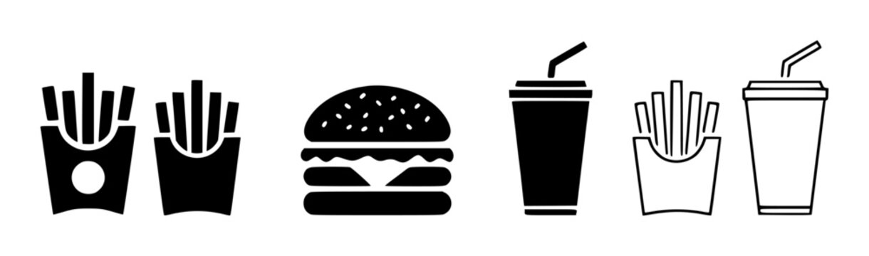 Black and white fast food set with fries burger and drinks isolated fastfood soda