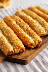 Homemade Rollini with Chicken on a Wooden Board, side view. Close-up.