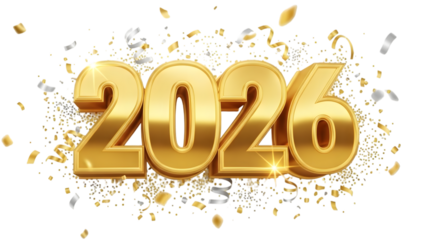 Golden 2026 new year celebration isolated on transparent background
