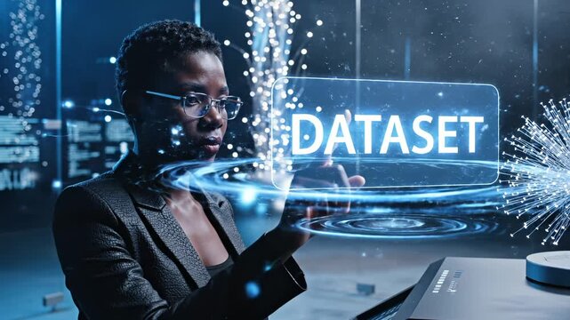 Businesswoman touches dataset hologram at desk. Woman interacts with futuristic display showing dataset text. Professional uses digital interface at workspace. Dataset visualization in office.