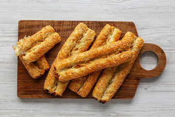Homemade Rollini with Chicken on a Wooden Board, top view.