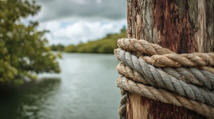 Fototapeta premium A weathered wooden post wrapped with nautical ropes set against calm water and distant greenery, reflecting a coastal atmosphere and maritime character.