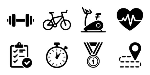 Fitness and achievement set with dumbbell bicycle and medal symbols