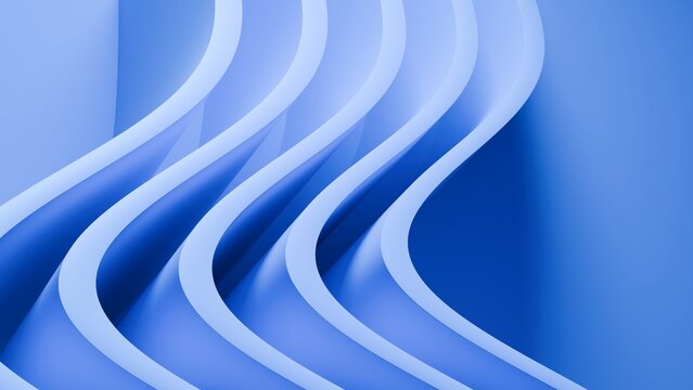 Abstract wavy curved 3d render. Blue soft layers of plastic with lines, folds, ruffles. Modern wallpaper, texture pattern.