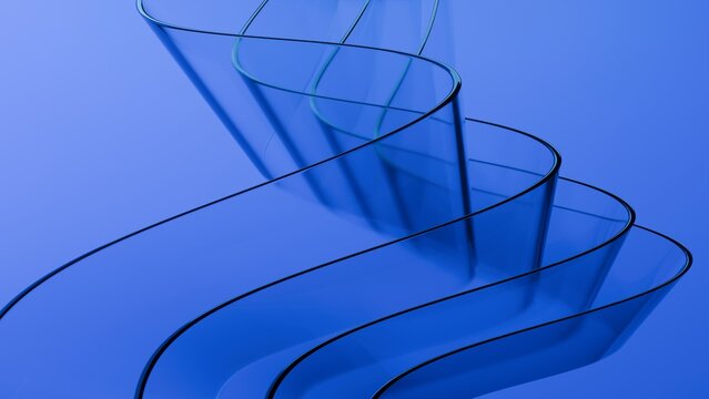 Abstract wavy curved 3d render. Blue soft layers of glass plastic with lines, folds, ruffles. Modern wallpaper, texture pattern.
