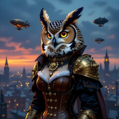 Female Owl Character in Steampunk Armor Overlooking a Victorian City at Sunset, Generated AI