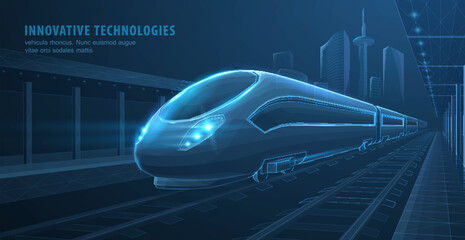 Fast express passenger train on city station. Futuristic technology. Railway station. Future digital urban infrastructure. Modern town cityscape. 3d abstract railroad travel concept   © Littlemose