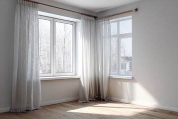 Interior room corner illuminated by sunlight streaming through sheer covered windows