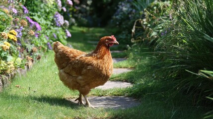 Brown feathered hen confidently strutting across a sunlit lawn beside a garden path, presenting natural poultry behavior in a calm outdoor setting.