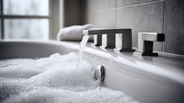 Modern hot tub with flowing water from minimalist faucet. Close-up of filling bathtub with foam and bubbles. Clean bathroom interior, spa relaxation, wellness and home comfort concept